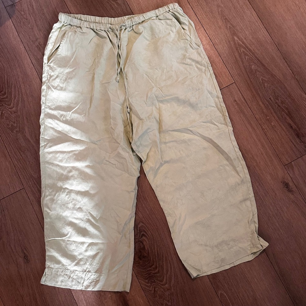 Coldwater Creek 100% Silk Sage Green Drawstring Crop Pants Plus Size 1X Wide Leg